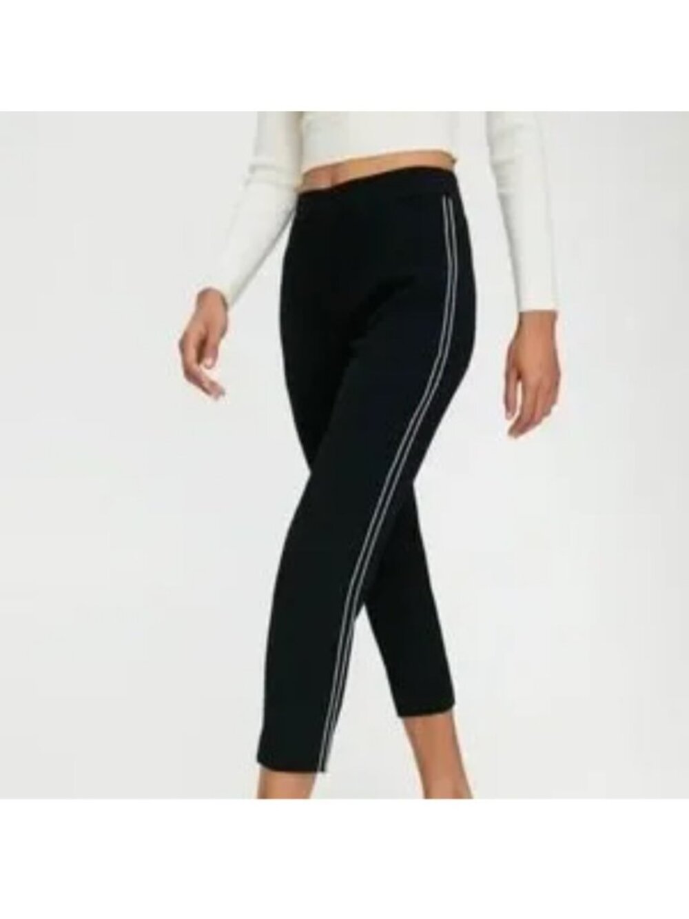 Babaton Womens Sz Small Black Slim-Fit Trousers White Side Stripe Elastic Waist